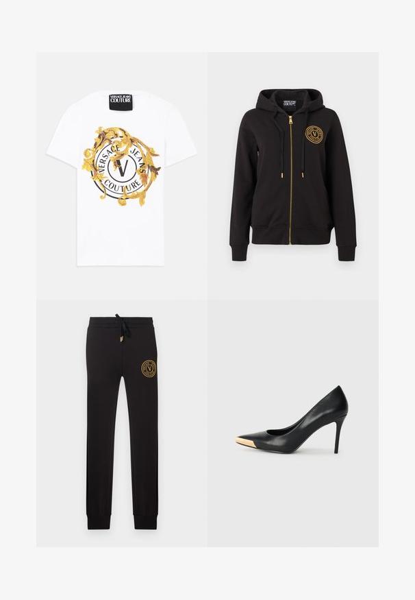 Sudadera negra con cremallera y capucha, cordones negros, cremallera dorada y logo redondo dorado de Versace Jeans Couture en el pecho izquierdo.; Camiseta blanca de algodón con un gráfico redondo que presenta motivos en negro y dorado, incluyendo un logo circular y elementos decorativos.; Pantalones jogger negros de corte ajustado con cintura ajustable con cordón y parche con el logo dorado de Versace Jeans Couture en la parte superior del muslo izquierdo.; Zapato de tacón alto de cuero negro con puntera afilada; presenta un detalle metálico dorado en la tapa del tacón. Superficie lisa con un diseño elegante.
