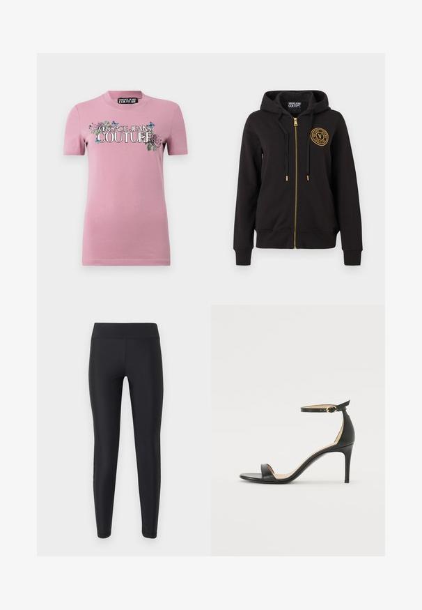 Sudadera negra con cremallera y capucha, cordones negros, cremallera dorada y logo redondo dorado de Versace Jeans Couture en el pecho izquierdo.; Camiseta de algodón rosa con mangas cortas y cuello redondo. El gráfico frontal incluye patrones florales y "VERSACE JEANS COUTURE" en letras negritas.; Leggings negros ajustados de talle alto con una textura suave, diseño de pierna recta y sin patrones ni adornos visibles.; Sándalo de tacón alto de piel negra con tiras en el tobillo. Presenta una textura suave, puntera abierta y un tacón delgado. Detalles de hebilla en tono dorado.