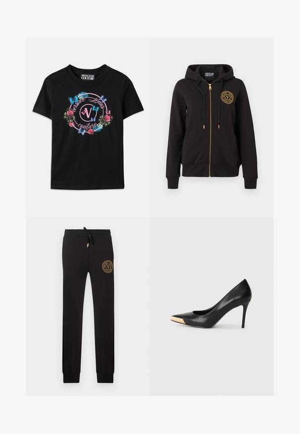 Sudadera negra con cremallera y capucha, cordones negros, cremallera dorada y logo redondo dorado de Versace Jeans Couture en el pecho izquierdo.; Camiseta negra con un gráfico colorido de flores y mariposas, con acentos en rosa y azul. "Versace Jeans Couture" impreso en un diseño circular.; Pantalones jogger negros de corte ajustado con cintura ajustable con cordón y parche con el logo dorado de Versace Jeans Couture en la parte superior del muslo izquierdo.; Zapato de tacón alto de cuero negro con puntera afilada; presenta un detalle metálico dorado en la tapa del tacón. Superficie lisa con un diseño elegante.