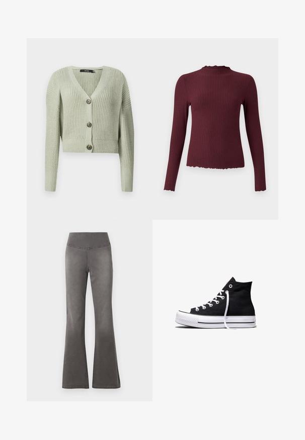 Cardigan en tricot de couleur vert clair, avec un col en V, un design court et trois grands boutons à l'avant. Texture douce avec un motif côtelé.; Haut à manches longues bordeaux, texture côtelée, col haut avec bord scallopé, coupe ajustée, tissu doux et ourlet légèrement court.; Pantalons gris évasés avec une taille lisse et extensible, ajustés au niveau des cuisses, s'élargissant vers une ouverture de jambe plus large.; Baskets montantes en toile noire avec semelle en caoutchouc blanche et lacets blancs, vues de côté sur un fond blanc.
