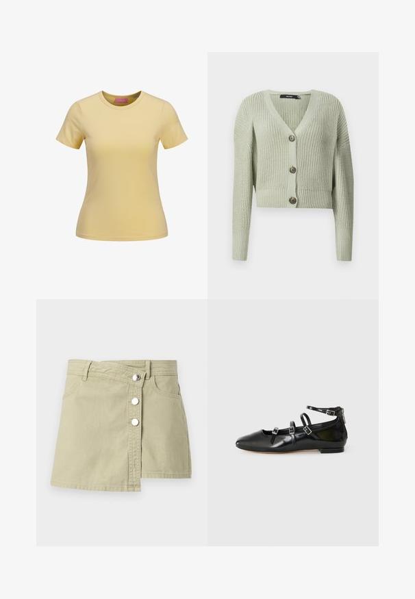 Strikket cardigan i lysegrøn, med V-hals, cropped design og tre store knapper foran. Blød tekstur med ribbet mønster.; Kortærmet, rundhalset, tætsiddende gul T-shirt til kvinder med glat stof og synlige sømme ved kant og ærmer.; Beige denim omlægningnederdel med sølvfarvede trykknapper foran og bæltestropper, der har en let overlapning på højre side foran.; ALDO NELTA - Ballerinasko - black