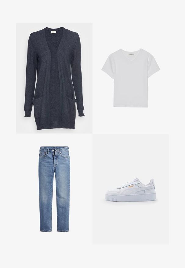 Cardigan bleu marine foncé en tricot texturé, avec un devant ouvert, des manches longues et deux poches à l'avant. Ourlet côtelé aux poignets.; T-shirt blanc à manches courtes en V, en tissu côtelé. Présente un design épuré avec un ourlet droit et un minimum de détails.; Jeans en denim bleu clair avec une coupe droite, un design à cinq poches et un bouton pression. Présentent une légère décoloration et des coutures orange en accent.; Baskets blanches en cuir avec une semelle épaisse, présentant une texture lisse, un design minimaliste, des rayures sur les côtés et un petit logo.
