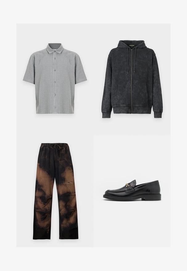Hoodie noir délavé zippé avec cordons de serrage, poches avant et logo discret "Les Benjamins" sur la poitrine gauche.; Chemise à manches courtes en motif vichy gris et blanc ; dotée d'une patte de boutonnage à l'avant et d'un col classique ; tissu léger avec une texture lisse.; Pantalon ample tie-dye noir et marron avec taille élastique et cordon, avec une texture gaufrée et jambes larges et droites.; Mocassins en cuir noir avec un embout rond, présentant des accents en métal doré et des détails de couture, montés sur une semelle en caoutchouc texturé et basse.