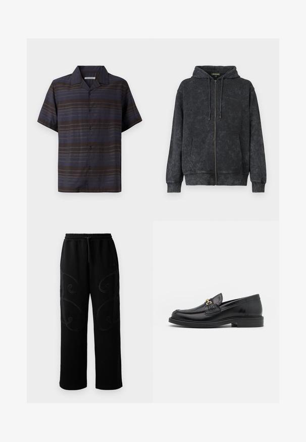 Sudadera con cremallera de color negro lavado, con cordones, bolsillos frontales y un discreto logo de "Les Benjamins" en el lado izquierdo del pecho.; Camisa de manga corta en azul oscuro y marrón con rayas verticales, cierre frontal de botones, cuello puntiagudo y textura de tela suave.; Pantalones de chándal negros con corte relajado, que presentan patrones de costura en espiral intrincados a lo largo de los laterales y una cintura elástica con cordón ajustable.; Mocasines de cuero negro con punta redondeada, que cuentan con un detalle de herrajes dorados y costuras, situados sobre una suela de goma texturizada y baja.