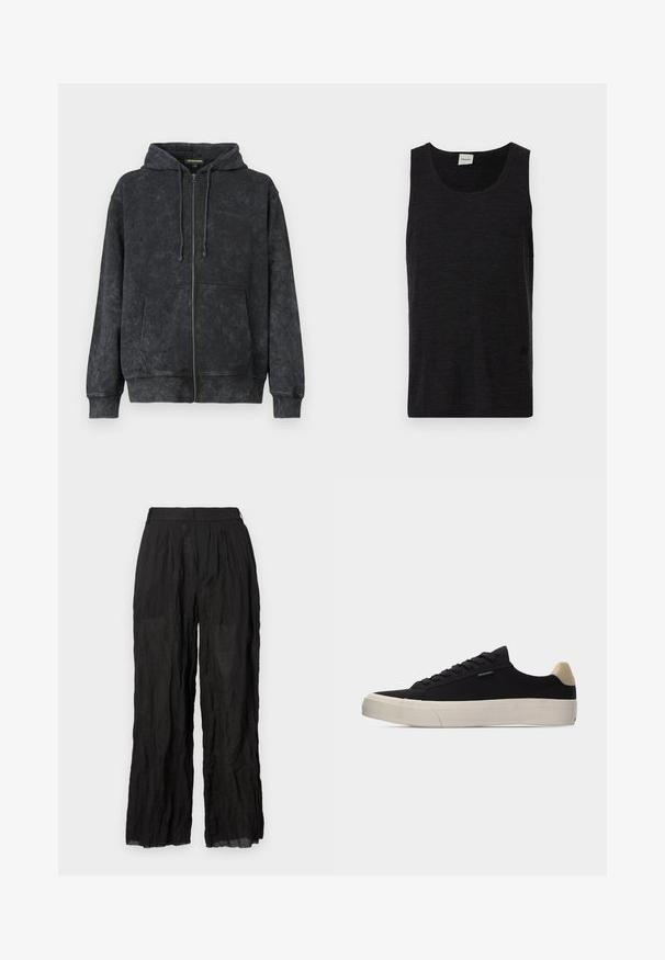 Sort vasket zip-up hoodie med snoretræk, frontlommer og diskret "Les Benjamins" logo på venstre bryst.; Sort ærmeløs tanktop lavet af struktureret materiale. Har en rund halsudskæring og en diskret logoaccents nær kanten. Simpelt design.; Sorte linned brede bukser med en struktureret overflade. Har en elastisk talje og diskrete folder.; Sort lavsko med beige hælkappe, tyk hvid gummisål, sorte snørebånd og lille "PS Paul Smith" mærke på siden.