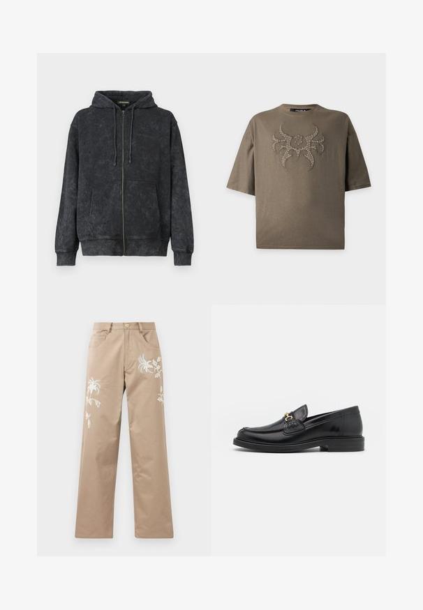 Sort vasket zip-up hoodie med snoretræk, frontlommer og diskret "Les Benjamins" logo på venstre bryst.; Brun oversized T-shirt med korte ærmer og et nittebelagt stammemønster centreret på brystet.; Beige bomuldsbukser med lige ben, der har hvid blomsterbroderi foran og almindelige lommer.; Sorte læder loafers med en rund tå, der har guld hardware accent og syningsdetaljer, placeret på en lav, tekstureret gummisål.