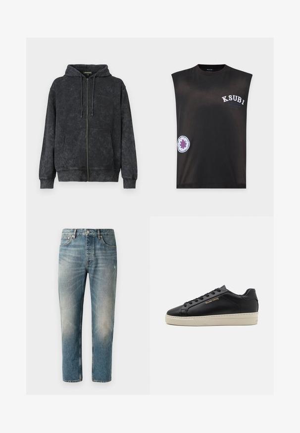 Zwarte gewassen zip-up hoodie met trekkoorden, voorkantzakken en subtiele "Les Benjamins" logo op de linkerborst.; Zwarte mouwloze shirt met "KSUBI" tekst op de bovenste linkerborst en een cirkelvormig blauw-paars embleem nabij de onderkant links.; Lichtblauwe denim jeans met een rechte snit. Met een knoopsluiting, vijf zakken en subtiele vervagings en wassing op de dijen.; Zwarte leren sneaker met een gladde afwerking, contrasterende crèmekleurige zool, ronde neus, gouden logo aan de zijkant en zes gaatjes voor veters.