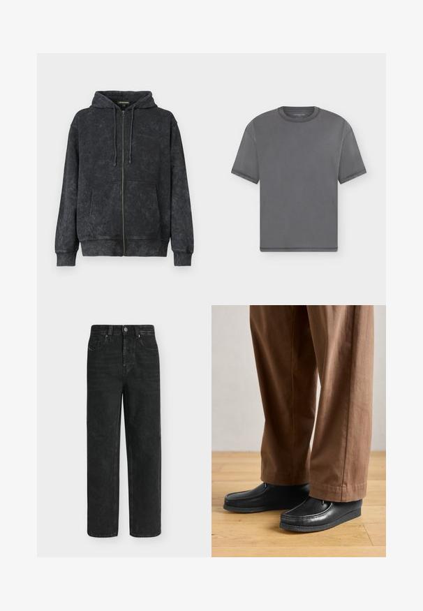 Sudadera con cremallera de color negro lavado, con cordones, bolsillos frontales y un discreto logo de "Les Benjamins" en el lado izquierdo del pecho.; Camiseta básica gris de manga corta con cuello redondo y costuras visibles en las mangas, el cuello y el dobladillo sobre un fondo claro.; Vaqueros negros de corte recto con cintura alta, botón y cremallera delanteros, bolsillos laterales y traseros, mostrados sobre un fondo claro y liso.; Zapatos de cuero negros con diseño de mocasín y detalles de costura, combinados con pantalones marrones, sobre un suelo de madera.