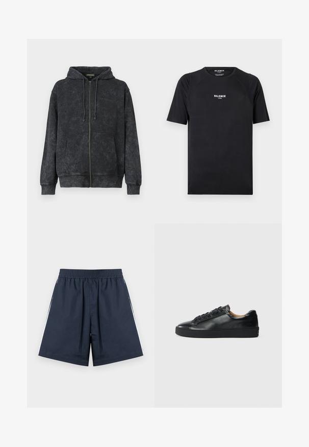 Hoodie noir délavé zippé avec cordons de serrage, poches avant et logo discret "Les Benjamins" sur la poitrine gauche.; T-shirt noir à manches courtes en tissu lisse, doté d'un col rond et d'un logo blanc "SILENCE" sur la poitrine.; Shorts de sport bleu marine avec une taille élastique. Bandes latérales blanches, tissu léger et coupe ample avec jambes droites.; Baskets en cuir noir avec une texture lisse, bout rond et fermeture à lacets. Comprend une semelle en caoutchouc épaisse et un minimum de détails de marque.