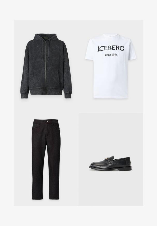 Sort vasket zip-up hoodie med snoretræk, frontlommer og diskret "Les Benjamins" logo på venstre bryst.; Hvid T-shirt med korte ærmer og sort tekst "ICEBERG since 1974," med et skakbrik integreret i bogstavet "I" på fronten.; Sorte straight-leg denim jeans med forlommer, bæltestropper og knaplukning i taljen mod en ensfarvet baggrund.; Sorte læder loafers har en afrundet tå, syede detaljer og en lille gylden accent foran. Sålen er flad og diskret.