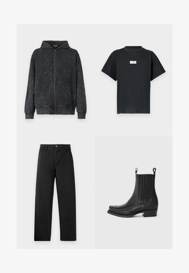 Sort vasket zip-up hoodie med snoretræk, frontlommer og diskret "Les Benjamins" logo på venstre bryst.; Sort bomuld T-shirt med rund halsudskæring, korte ærmer og en rektangulær hvid label på brystet med tekst og tal.; Sorte denimbukser med et lige ben-design, der har en frontknaplukning og diskret syninger. Glat overflade og minimal branding.; Sort læder ankelstøvle med en glat overflade, elastiske sidepaneler, diskret søm på tåen og en blokhæll.