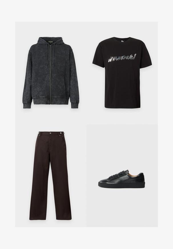Sort vasket zip-up hoodie med snoretræk, frontlommer og diskret "Les Benjamins" logo på venstre bryst.; Sort, kortærmet t-shirt med rund hals og lagdelt tekstdesign med ordene "THE KOOPLES?" og "WHY?" i hvidt og gråt tværs over brystet.; Mørkebrune lige bukser med knapdetaljer på taljen og to forlommer, præsenteret på en hvid baggrund.; Sorte lædersneakers med en glat overflade, rund tå og snørebåndslukning. Har en tyk gummisål og minimal branddetalje.