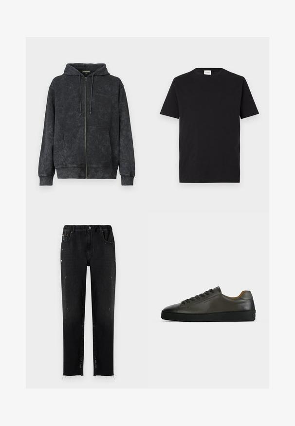 Sudadera con cremallera de color negro lavado, con cordones, bolsillos frontales y un discreto logo de "Les Benjamins" en el lado izquierdo del pecho.; Camiseta de algodón negra con cuello redondo y mangas cortas. Presenta un corte recto y un diseño minimalista, con una etiqueta visible en el cuello.; Vaqueros negros de denim con cinturilla elástica, corte recto, detalles desgastados y dobladillo desflecado. Presenta bolsillos y cierre con botón.; Zapatilla baja de piel gris oscuro con cordones y suela negros, diseño minimalista, perfil lateral sobre un fondo claro y liso.