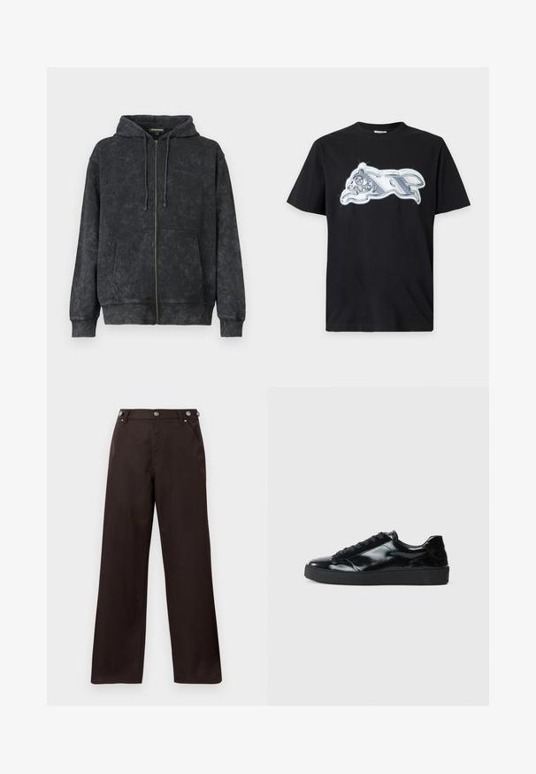Schwarz gewaschene Zip-Hoodie mit Kordeln, Vordertaschen und dezentem "Les Benjamins"-Logo auf der linken Brust.; Schwarzes T-Shirt mit kurzen Ärmeln und einem glänzenden silbernen Metallic-Print eines laufenden Tieres auf der Brust.; Dunkelbraune gerade geschnittene Hosen mit Knopfdetails am Bund und zwei vorderen Taschen, vor einem weißen Hintergrund präsentiert.; Schwarze Lackledersneaker mit runder Zehenform, Schnürdesign, strukturiertem Gummisohle und glatter Oberfläche.