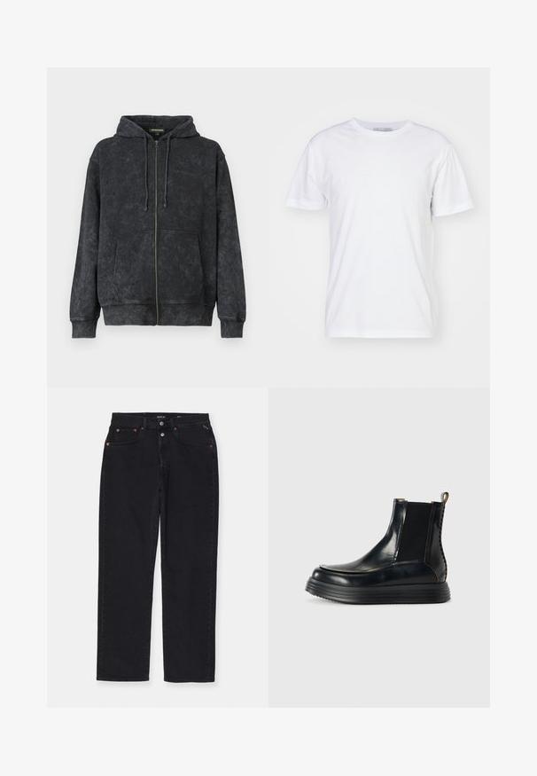 Sort vasket zip-up hoodie med snoretræk, frontlommer og diskret "Les Benjamins" logo på venstre bryst.; Hvid bomulds t-shirt med rund halsudskæring, korte ærmer og lige snit. Ingen mønstre eller udsmykninger, glat tekstur og enkel design.; Sorte denimbukser med lige snit, fem lomme-design, metalhardware og subtile syninger. Blød tekstur, minimalt design.; Sort læder slip-on ankelstøvle med tyk ridslet sål, elastiske sidepaneler, trækstrop og dekorativ bagstikning.