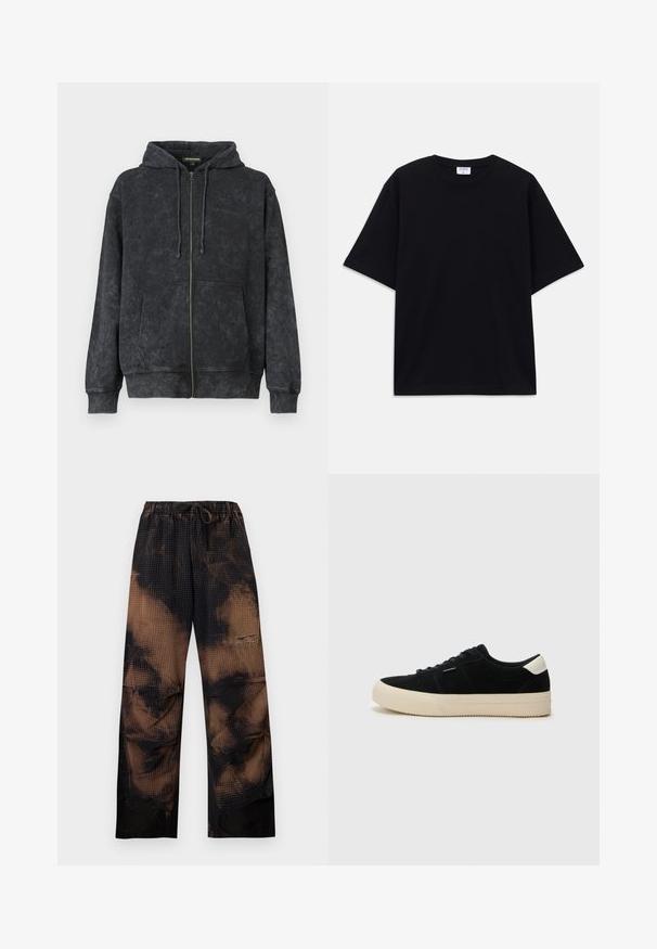 Hoodie noir délavé zippé avec cordons de serrage, poches avant et logo discret "Les Benjamins" sur la poitrine gauche.; T-shirt noir à manches courtes oversize avec un col rond et une étiquette de marque Filippa K visible à l'intérieur du col.; Pantalon ample tie-dye noir et marron avec taille élastique et cordon, avec une texture gaufrée et jambes larges et droites.; Baskets en suède noir avec une épaisse semelle en caoutchouc beige, bout rond et lacets noirs. Présente un accent blanc au niveau du talon. Design simple et classique.