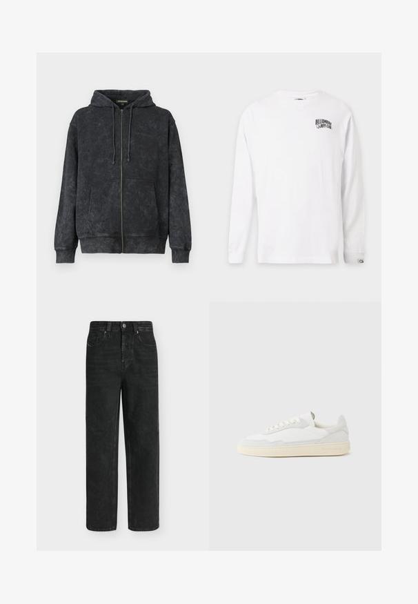 Hoodie noir délavé zippé avec cordons de serrage, poches avant et logo discret "Les Benjamins" sur la poitrine gauche.; T-shirt blanc manches longues col rond avec petit logo noir "Billionaire Boys Club" sur la partie supérieure gauche de la poitrine et étiquette logo sur le poignet gauche.; Jean noir coupe droite avec taille haute, bouton et fermeture éclair à l'avant, poches latérales et arrière, présenté sur un fond clair uni.; Baskets blanches avec dessus en daim et cuir texturé. Caractérisées par un bout arrondi, une fermeture à lacets et une semelle en caoutchouc beige contrastante.