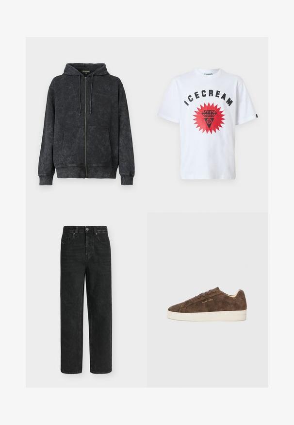 Hoodie noir délavé zippé avec cordons de serrage, poches avant et logo discret "Les Benjamins" sur la poitrine gauche.; T-shirt en coton blanc arborant un grand graphique rouge avec un diamant et un signe dollar, avec le texte "ICECREAM" en lettres noires grasses au-dessus.; Jean noir coupe droite avec taille haute, bouton et fermeture éclair à l'avant, poches latérales et arrière, présenté sur un fond clair uni.; Baskets en daim marron avec une silhouette basse, un bout arrondi et une semelle en caoutchouc blanc. Elles présentent des lacets foncés et un logo discret sur le côté.