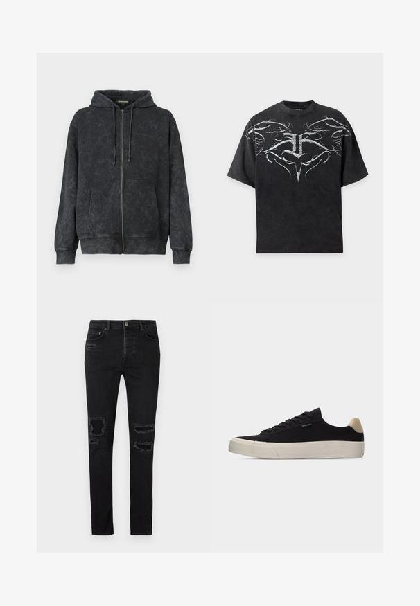 Sort vasket zip-up hoodie med snoretræk, frontlommer og diskret "Les Benjamins" logo på venstre bryst.; Sort oversized T-shirt med hvid symmetrisk abstrakt tribal design over bryst og skuldre.; Sorte denimjeans i slim fit med slidte revner ved knæene, tonale syninger og klassisk knap- og lynlåslukning.; Sort lavsko med beige hælkappe, tyk hvid gummisål, sorte snørebånd og lille "PS Paul Smith" mærke på siden.