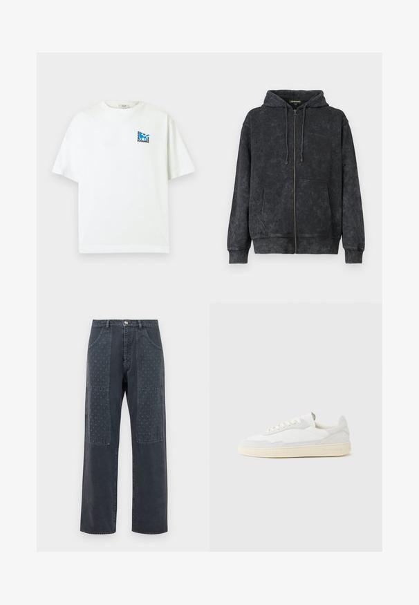 Black washed zip-up hoodie with drawstrings, front pockets, and subtle "Les Benjamins" logo on left chest.; White short-sleeve T-shirt with small blue fox logo and text "Maison Kitsuné 2062 Paris" on the upper left chest.; Dark gray jeans with a wide-leg cut, featuring decorative patches on the front with a subtle floral pattern and standard pocket detailing.; White sneaker with a textured suede and leather upper. Features a rounded toe, lace-up closure, and contrasting beige rubber sole.