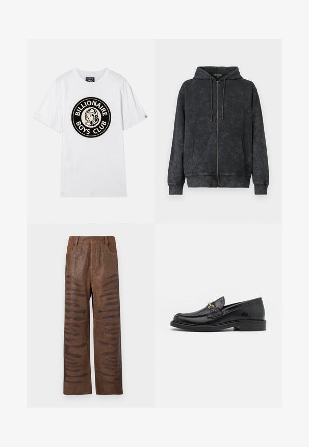 Sudadera con cremallera de color negro lavado, con cordones, bolsillos frontales y un discreto logo de "Les Benjamins" en el lado izquierdo del pecho.; Camiseta de algodón blanca con un gráfico circular negro y dorado de un astronauta y el texto "BILLIONAIRE BOYS CLUB". Mangas cortas, cuello redondo.; Pantalones de cuero sintético marrón con un acabado texturizado, que presentan cortes horizontales alargados a lo largo de los costados y un diseño de pierna recta.; Mocasines de cuero negro con punta redondeada, que cuentan con un detalle de herrajes dorados y costuras, situados sobre una suela de goma texturizada y baja.