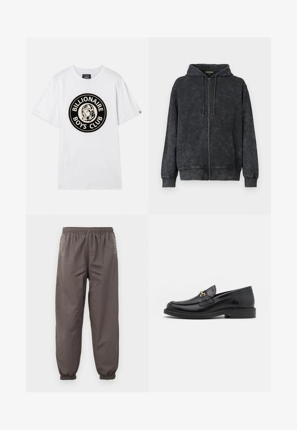 Schwarz gewaschene Zip-Hoodie mit Kordeln, Vordertaschen und dezentem "Les Benjamins"-Logo auf der linken Brust.; Weißes Baumwoll-T-Shirt mit einem schwarzen und goldenen kreisförmigen Design eines Astronauten und dem Text "BILLIONAIRE BOYS CLUB". Kurze Ärmel, Rundhalsausschnitt.; Dunkelgraue, elastische Hosen mit lockerer Passform. Mit gerafften Bündchen und dezentem Stickerei an den Seiten. Leichter Stoff.; Schwarze Lederleter mit einer abgerundeten Zehenpartie, ausgestattet mit goldenen Hardwareakzenten und Stichdetails, auf einer niedrigen, strukturierten Gummisohle.