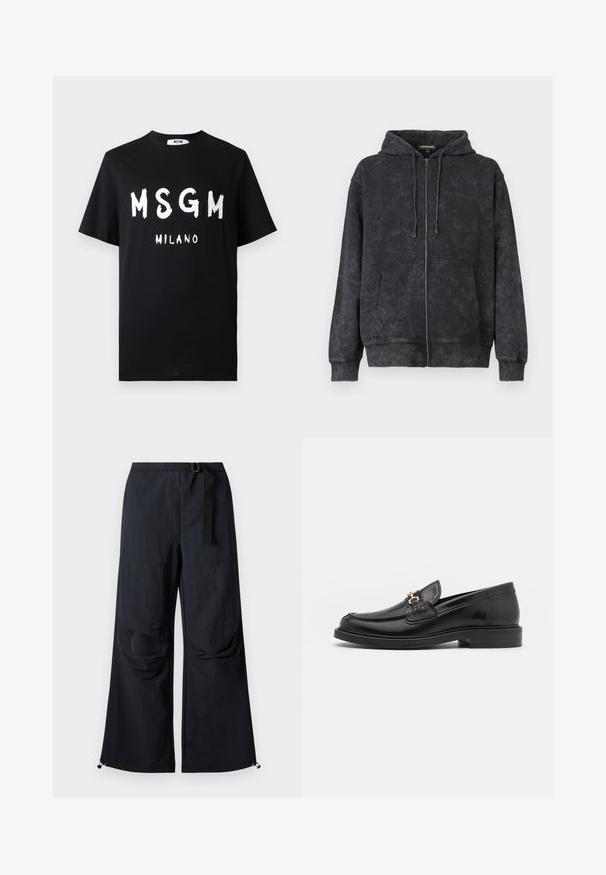Hoodie noir délavé zippé avec cordons de serrage, poches avant et logo discret "Les Benjamins" sur la poitrine gauche.; T-shirt en coton noir avec un texte blanc audacieux "MSGM MILANO". Manches courtes et col rond. Texture lisse avec une coupe décontractée.; Pantalon noir à jambes larges en tissu léger. Dispose d'une ceinture, de deux grandes poches latérales et d'ourlets ajustables avec fermetures à cordon.; Mocassins en cuir noir avec un embout rond, présentant des accents en métal doré et des détails de couture, montés sur une semelle en caoutchouc texturé et basse.