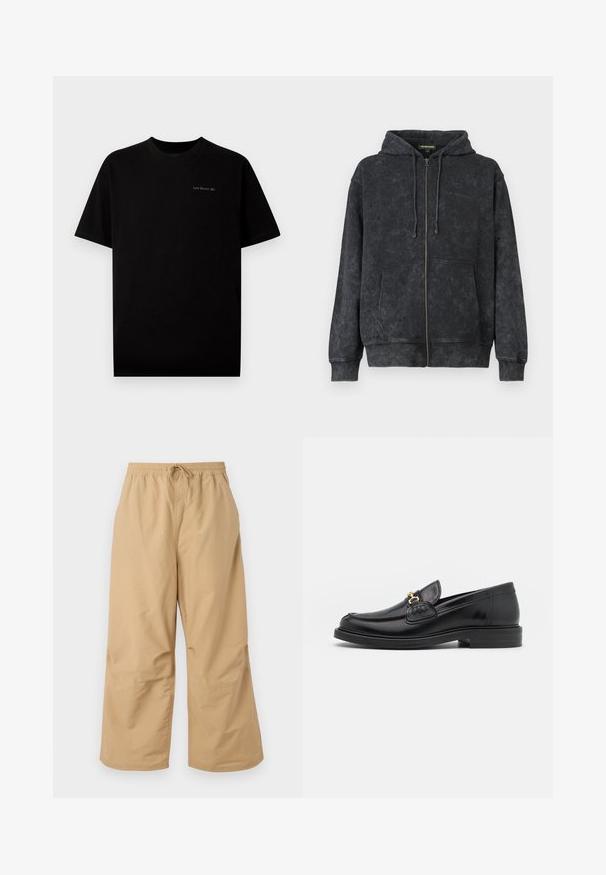 Zwarte gewassen zip-up hoodie met trekkoorden, voorkantzakken en subtiele "Les Benjamins" logo op de linkerborst.; Zwarte katoenen T-shirt met korte mouwen en een ronde hals. Kenmerkt zich door een klein logo "Last Resort AB" dat in een lichte kleur op de borst is geborduurd.; Beige wijde broek gemaakt van lichtgewicht stof, met een elastische tailleband en een trekkoord, en gestikte accenten nabij de zoom.; Zwarte leren instappers met een ronde neus, voorzien van een gouden hardware accent en stikdetails, geplaatst op een lage, getextureerde rubberen zool.