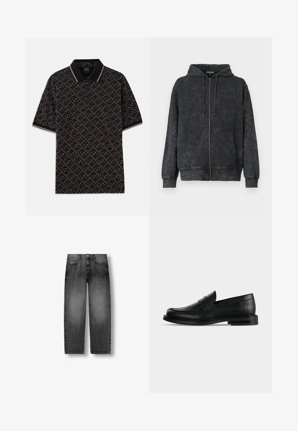 Hoodie noir délavé zippé avec cordons de serrage, poches avant et logo discret "Les Benjamins" sur la poitrine gauche.; Polo noir avec un motif géométrique doré, manches courtes et col classique avec des accents rayés subtils.; Jean denim noir délavé à jambe droite avec bouton frontal, fermeture éclair et conception à cinq poches, présenté à plat sur un fond blanc.; Mocassin penny pour homme en cuir noir avec talon bas empilé et bout arrondi, vu de profil sur fond gris clair.