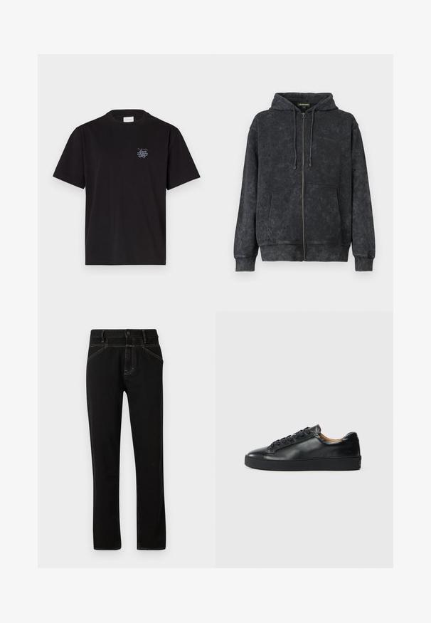 Schwarz gewaschene Zip-Hoodie mit Kordeln, Vordertaschen und dezentem "Les Benjamins"-Logo auf der linken Brust.; Schwarzes Baumwoll-T-Shirt mit Rundhalsausschnitt und kurzen Ärmeln. Mit einem kleinen blauen Logo auf der linken Brust. Einfaches, gerade geschnittenes Design.; Schwarze Denim-Jeans mit geradem Schnitt, versehen mit gelben Nähten, fünf Taschen und einem vorderen Knopfverschluss. Glatte Textur und minimalistisches Design.; Schwarze Leder-Sneaker mit glatter Textur, runder Zehenpartie und Schnürverschluss. Verfügt über eine dicke Gummisohle und minimalistische Marken-Details.