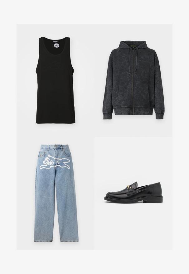 Hoodie noir délavé zippé avec cordons de serrage, poches avant et logo discret "Les Benjamins" sur la poitrine gauche.; Débardeur sans manches noir en coton avec un col rond et un logo en relief à l'avant. Design épuré et minimaliste.; Jeans en denim de couleur bleu clair avec une coupe décontractée et jambes larges. Présente un graphique blanc d'un chat courant à l'arrière. Design classique à cinq poches.; Mocassins en cuir noir avec un embout rond, présentant des accents en métal doré et des détails de couture, montés sur une semelle en caoutchouc texturé et basse.