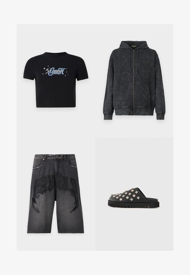 Schwarz gewaschene Zip-Hoodie mit Kordeln, Vordertaschen und dezentem "Les Benjamins"-Logo auf der linken Brust.; Schwarzes, kurzes T-Shirt aus Baumwolle mit rundem Ausschnitt, das auf der Vorderseite ein blaues und weißes "GmbH"-Logo zeigt, umgeben von kleinen Sternen.; Schwarze ausgebleichte Jeansshorts mit gotischem schwarzen Stickmuster vorne und klassischem Fünf-Taschen-Design vor einfachem Hintergrund.; Schwarze Slip-On-Sandale mit erhöhtem Absatz und silbernen runden und quadratischen Nieten auf dem Obermaterial, seitlich auf grauem Hintergrund gezeigt.