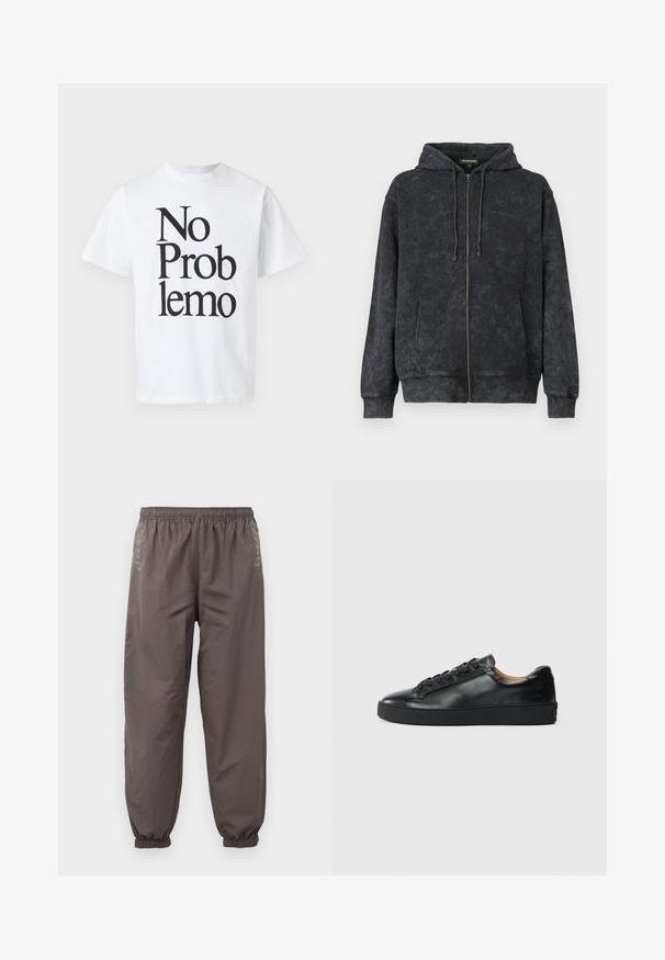 Hoodie noir délavé zippé avec cordons de serrage, poches avant et logo discret "Les Benjamins" sur la poitrine gauche.; T-shirt en coton blanc avec du texte noir disant "No Problemo" dans différentes tailles de police. Design classique à col rond avec des manches courtes.; Pantalons gris foncé à taille élastique avec une coupe décontractée. Présentent des poignets froncés et une broderie subtile sur les côtés. Tissu léger.; Baskets en cuir noir avec une texture lisse, bout rond et fermeture à lacets. Comprend une semelle en caoutchouc épaisse et un minimum de détails de marque.