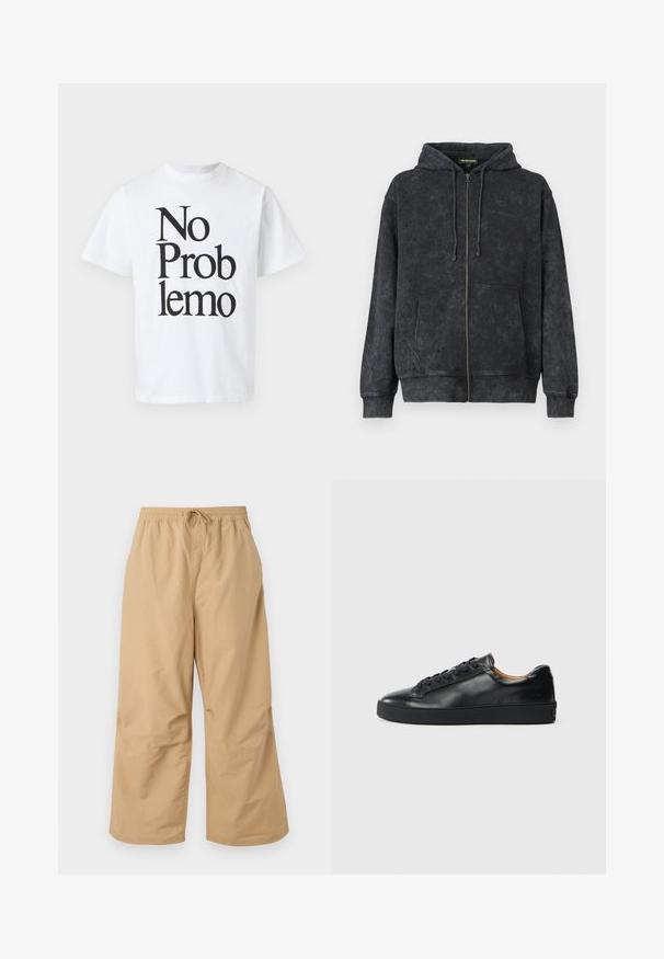 Hoodie noir délavé zippé avec cordons de serrage, poches avant et logo discret "Les Benjamins" sur la poitrine gauche.; T-shirt en coton blanc avec du texte noir disant "No Problemo" dans différentes tailles de police. Design classique à col rond avec des manches courtes.; Pantalons larges beiges en tissu léger, avec une taille élastique dotée d'un cordon de serrage et des accents cousus près de l'ourlet.; Baskets en cuir noir avec une texture lisse, bout rond et fermeture à lacets. Comprend une semelle en caoutchouc épaisse et un minimum de détails de marque.
