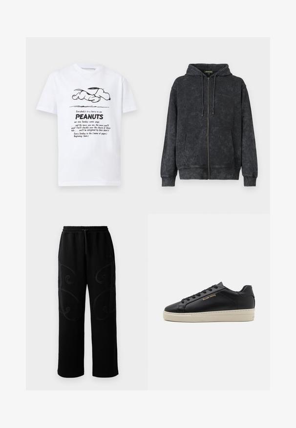 Hoodie noir délavé zippé avec cordons de serrage, poches avant et logo discret "Les Benjamins" sur la poitrine gauche.; T-shirt blanc avec un dessin au trait noir de Snoopy allongé au-dessus d'un texte promouvant la page du comic Peanuts du dimanche.; Pantalons de jogging noirs avec une coupe décontractée, présentant des motifs de couture tourbillonnants complexes sur les côtés et une ceinture élastique avec cordon de serrage.; Sneaker en cuir noir avec une finition lisse, semelle crème contrastante, bout arrondi, logo doré sur le côté et six œillets pour les lacets.