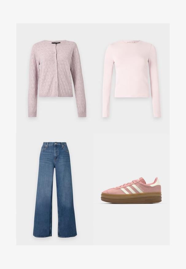 Lyse lilla strikket cardigan med lange ærmer, rund halsudskæring, knapper foran og subtilt blondermønster overalt.; Lyserød langærmet tætsiddende bluse med rund halsudskæring og lige kant, vist mod en helt hvid baggrund.; Bredde jeans i blå denim med høj talje, frontknaplukning og klassisk fem-lomme design. Glat tekstur.; adidas Originals GAZELLE BOLD - Sneakers - mauve/off white