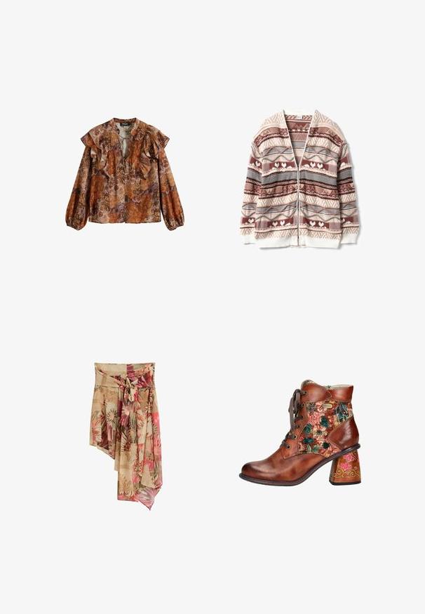 Cárdigan de punto con patrones geométricos y de corazones en rosa, burdeos, gris y crema, apertura frontal y puños y bajo a rayas blancas.; Blusa de manga larga en tonos cálidos de naranja, marrón y púrpura. Cuenta con un escote y mangas con volantes, estampado floral y tela suave y ligera.; Falda beige asimétrica con patrones florales y abstractos en rosa, rojo y verde, con cinturón ajustable anudado en la cintura y diseño de tela en capas.; Botín de cuero marrón con tejido de flores, puntera redonda, cordones en la parte delantera y tacón decorativo pintado.