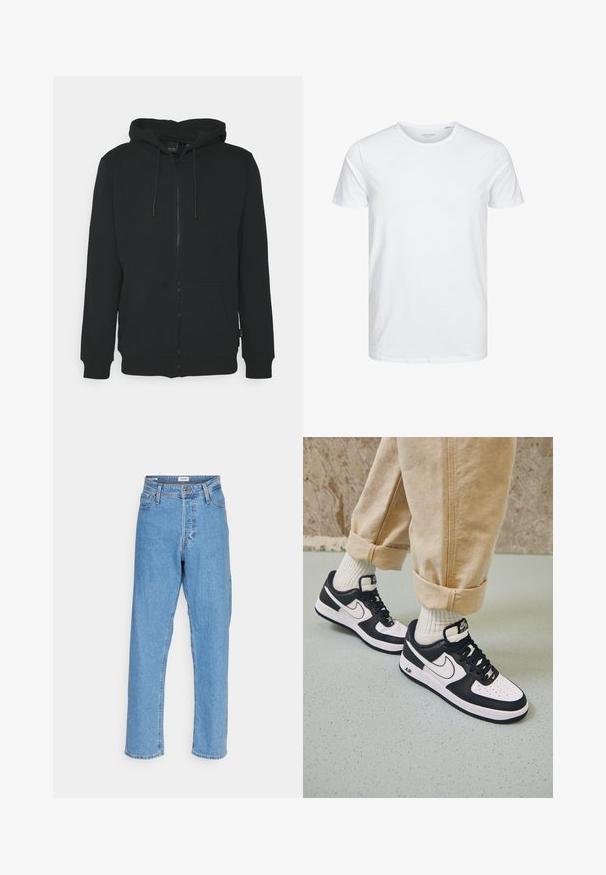 Only & Sons ONSCERES LIFE HOODIE - Hættetrøje - dark navy; Rundhals kortærmet t-shirt i ensfarvet hvid, lavet af blød bomuld, har et simpelt design uden synlige mønstre eller detaljer.; Lyseblå højtaljede lige ben jeans med knap foran, lynlåslukning, bæltestropper og fem-lomme design på hvid baggrund.; Sorte og hvide Nike Air Force 1 sneakers med læderoverdel, perforeret tå og tekstureret såldetalje, båret med rullede beige bukser og hvide sokker.