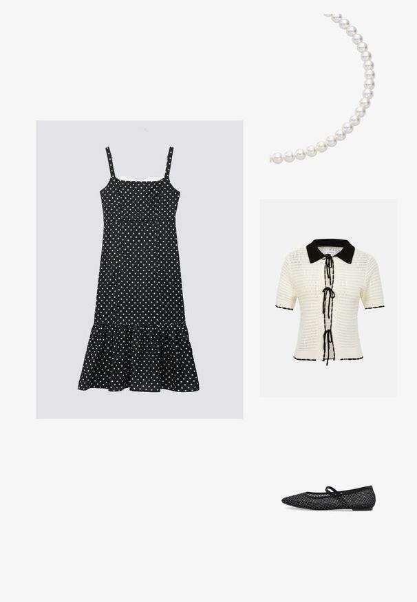 Top en maille crème à manches courtes avec col noir, fermetures à nouer noires sur le devant et bordure noire aux manches et à l'ourlet.; Robe noire à pois blancs avec bretelles réglables, un corsage ajusté et un ourlet volants. Fabriquée en tissu léger, avec des pois blancs.; Chaussure plate noire avec un design à bout pointu, tige en maille avec des accents en strass, et une fine bride pour un maintien sécurisé. Semelle plate.; Collier de perles composé de perles blanches rondes et brillantes enfilées ensemble, affichant une surface lisse et une forme sphérique uniforme.