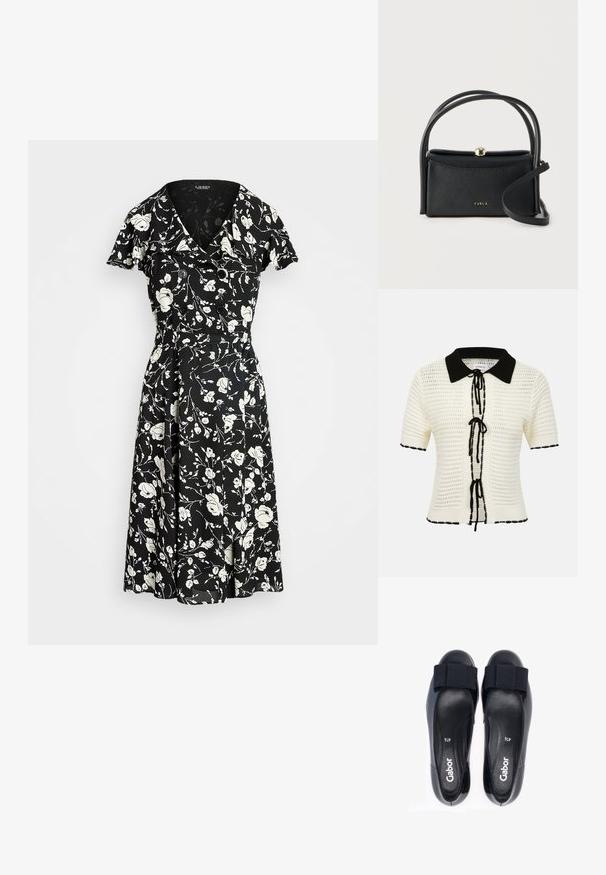 Top en maille crème à manches courtes avec col noir, fermetures à nouer noires sur le devant et bordure noire aux manches et à l'ourlet.; Robe noire avec motif floral blanc, manches courtes, décolleté en V et accents de boutons. Jupe évasée pour un ajustement fluide. Le matériau semble léger.; Ballerines noires Gabor avec des sangles élastiques, en cuir lisse, à bout rond et avec un rembourrage intérieur doux. Taille marquée comme 41/2.; Sac à main en cuir noir Furla avec fermoir doré, deux poignées et une longue bandoulière sur fond blanc.