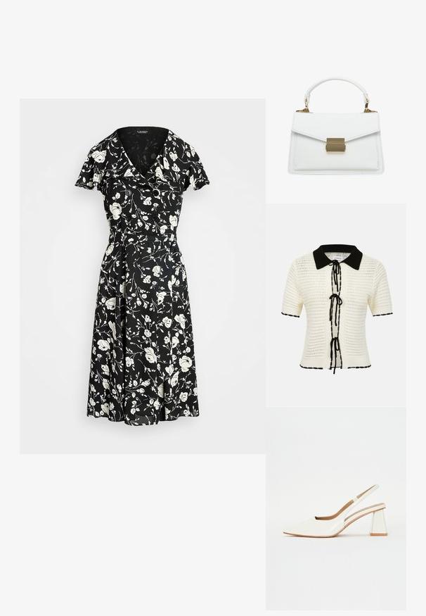 Top en maille crème à manches courtes avec col noir, fermetures à nouer noires sur le devant et bordure noire aux manches et à l'ourlet.; Robe noire avec motif floral blanc, manches courtes, décolleté en V et accents de boutons. Jupe évasée pour un ajustement fluide. Le matériau semble léger.; Chaussure slingback en cuir verni blanc avec un bout pointu et un talon bloc géométrique. L'intérieur présente une semelle intérieure beige et des découpes latérales minimalistes.; Sac à main en cuir blanc avec une forme structurée, doté d'un rabat pliant, d'une fermeture à fermoir en métal doré et d'une petite anse. Texture lisse, coutures minimales.