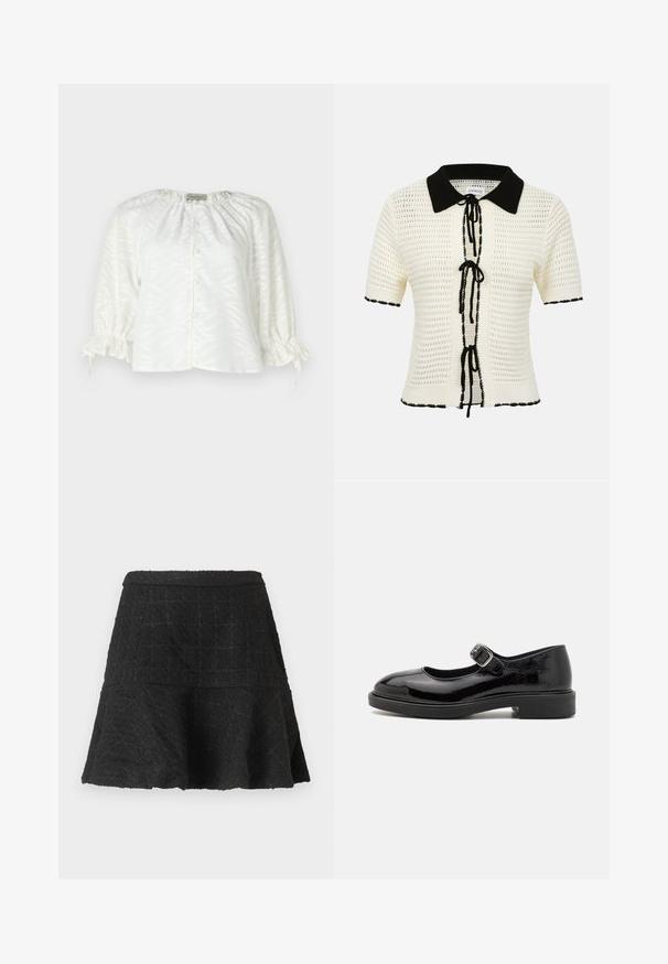 Top en maille crème à manches courtes avec col noir, fermetures à nouer noires sur le devant et bordure noire aux manches et à l'ourlet.; Blouse blanche avec un motif de feuilles texturé, encolure ronde, devant boutonné et manches élastiquées froncées avec des liens à cordon.; Jupe évasée noire texturée en ligne A avec ourlet évasé et motif à carreaux subtil sur fond uni.; Chaussure Mary Jane en cuir verni noir avec bout rond, bride à boucle ajustable, faible talon bloc et finition lisse et brillante.