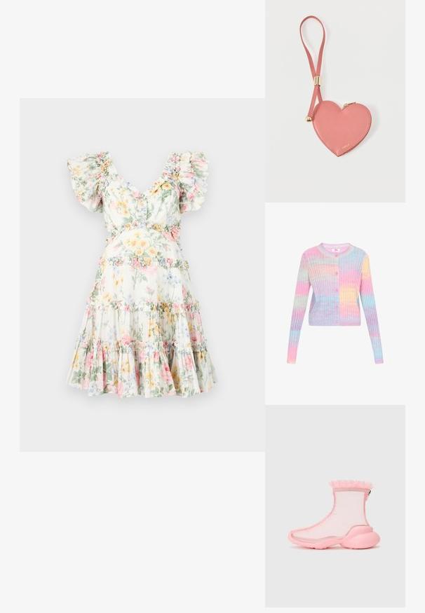 Ribbede cardigan i pastelfarver (pink, blå, gul) med fem knapper og rund halsudskæring. Lange ærmer og blød tekstur.; Blomstret kjole i let stof, med flæset ærmer, dyb V-udskæring og lagdelt nederdel med pastelblomster og matchende flæsede detaljer.; Collina Strada RUFFLE BOOTS - Støvletter - pink; Lyserød hjerteformet lædermøntpose med håndledsrem og guldlås, mærket med lille gyldent "Furla"-tekst.