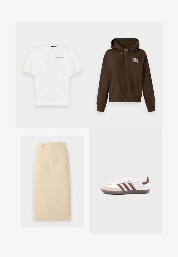Hoodie zippé marron en tissu doux, avec une capuche à cordon, des poches avant et un logo sur la poitrine gauche.; T-shirt blanc à manches courtes avec petit logo "Napapijri" sur la poitrine gauche et col rond.; Jupe beige jusqu'aux genoux en tissu robuste, dotée d'une fermeture à boutons sur le devant et de détails de couture verticaux subtils.; Baskets Adidas Samba blanches avec des bandes en daim marron, semelle en caoutchouc marron et bout en daim beige, vues du côté extérieur sur un fond uni.