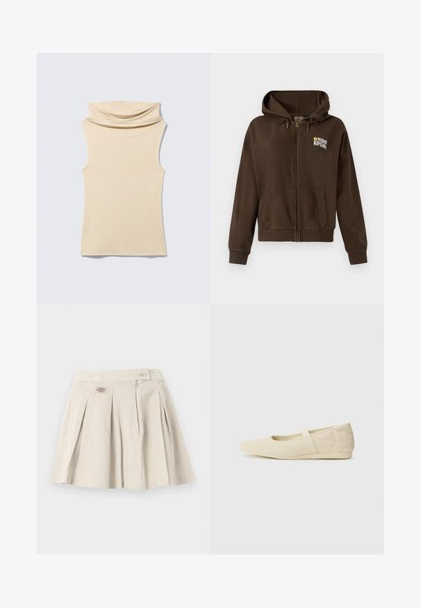 Hoodie zippé marron en tissu doux, avec une capuche à cordon, des poches avant et un logo sur la poitrine gauche.; Haut sans manches beige à col roulé avec un détail de col doux et plié, posé à plat sur un fond gris clair.; Mini-jupe plissée beige avec une ceinture, une fermeture éclair latérale, un bouton, et un petit patch logo à l'avant.; Ballerines beiges avec une exterior en cuir lisse, un bout en forme d'amande et une sangle élastique sur le coup de pied, avec des détails de couture subtils.