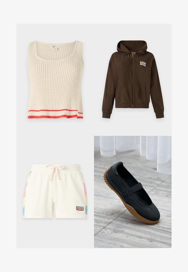 Hoodie zippé marron en tissu doux, avec une capuche à cordon, des poches avant et un logo sur la poitrine gauche.; Débardeur côtelé de couleur crème avec un col rond et une bande horizontale rouge au bas. Tissu doux et texturé avec une coupe décontractée.; Shorts écru avec cordon de serrage, taille côtelée, poches latérales avec panneaux multicolores et petit logo "Rip Curl" sur la jambe avant droite.; Chaussure noire style Mary Jane avec bride élastique et semelle texturée marron, posée sur un sol en marbre avec un fond de rideau blanc.