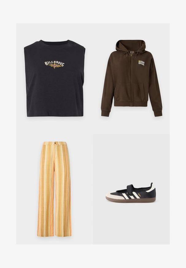 Hoodie zippé marron en tissu doux, avec une capuche à cordon, des poches avant et un logo sur la poitrine gauche.; Haut noir court sans manches avec le texte "Billabong" et un motif de flamme jaune au centre de la poitrine.; Pantalon large taille haute à rayures verticales en beige, orange, jaune et vert, avec une fermeture à boutons à la taille.; Baskets noires et beiges avec une bride en velcro, trois bandes blanches sur le côté, et une semelle en caoutchouc marron texturée. Logo de la marque visible.