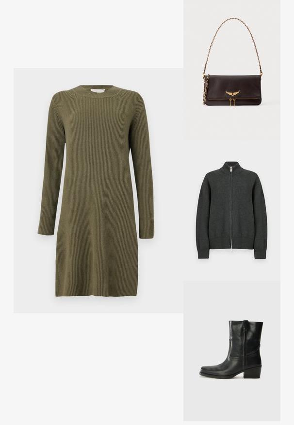 Tumehall lukuga kootud kardigan kõrge kraega, soonikkoes mansettide ja äärega. Varustatud hõbedase luku ja ristkülikukujulise tõmblukuga.; CLOSED CREW NECK DRESS LONG SLEEVE - Kampsunkleit - forest green; Musta nahast pahkluu saabas ümarate varvastega, plokknäppu, külgsepa ja pealsetel õmblusest aktsentidega. Sile tekstuur, klassikaline disain.; Tumepruun nahast õlakott kuldse kett-rihmaga, kuldse tiivalise embleemiga klapi peal ja kahekuldsest lukuosaga alumisel esiosas.