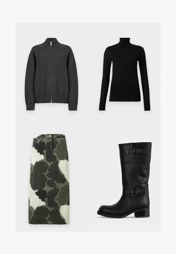 Cardigan tricoté gris foncé à fermeture éclair avec un col montant, des poignets et un ourlet côtelés. Comprend une fermeture éclair argentée avec une languette rectangulaire.; Pull à col roulé noir en matériau doux et léger. Il a des manches longues et une coupe ajustée avec un col haut.; Jupe en denim imprimé camisole de couleur vert foncé et noir, dotée d'une taille haute, de quatre poches et d'accents métalliques. Mi-longue et coupe droite.; Botte haute en cuir noir avec deux sangles à boucle réglables et un talon bloc bas sur fond uni.