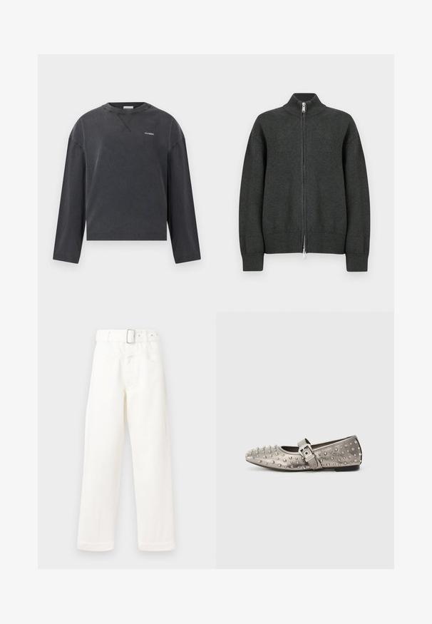 Cardigan tricoté gris foncé à fermeture éclair avec un col montant, des poignets et un ourlet côtelés. Comprend une fermeture éclair argentée avec une languette rectangulaire.; CLOSED CREWNECK LONGSLEEVE - T-shirt à manches longues - black; CLOSED Wide Leg - ivory; Chaussure plate grise à bout rond, ornée de clous métalliques, avec une sangle latérale présentant un détail de boucle en argent. Texture lisse.